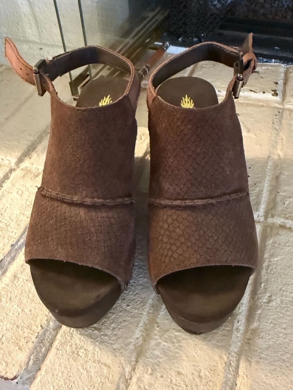 Volatile Brown Textured Open-Toe Slingback Wedges